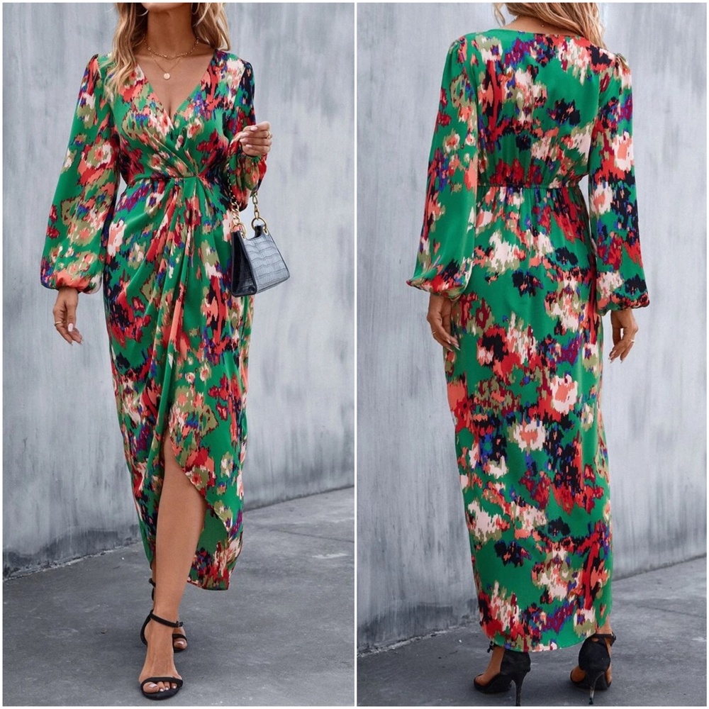 Boho Floral Print Satin Evening Date Maxi Dress - Picture 2 of 3